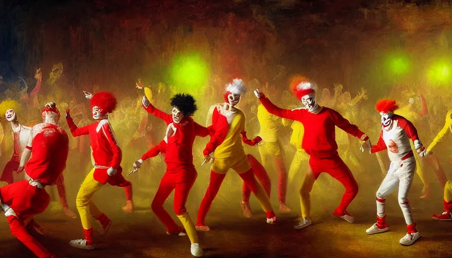 Image similar to highly detailed painting of a group of ronald mcdonalds with red afros, white facepaint, red noses and yellow tracksuits dancing at a cyber nightclub rave by william turner, by greg rutkowski, by william constable, thick brush strokes and visible paint layers, 4 k resolution