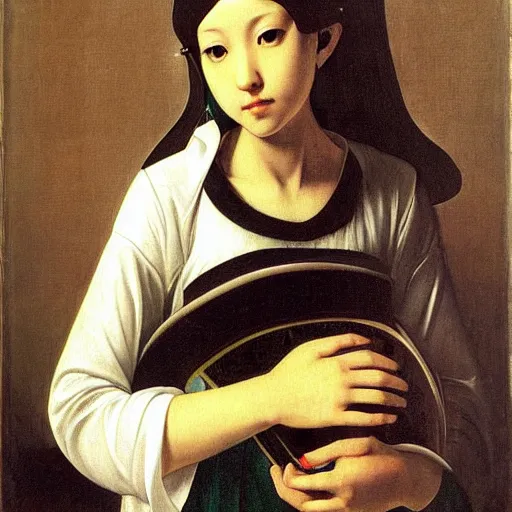 Prompt: A classic portrait of Hatsune Miku with sparkly eyes as a religious symbol by Caravaggio, oil painting, year 1600, highly detailed, chiaroscuro