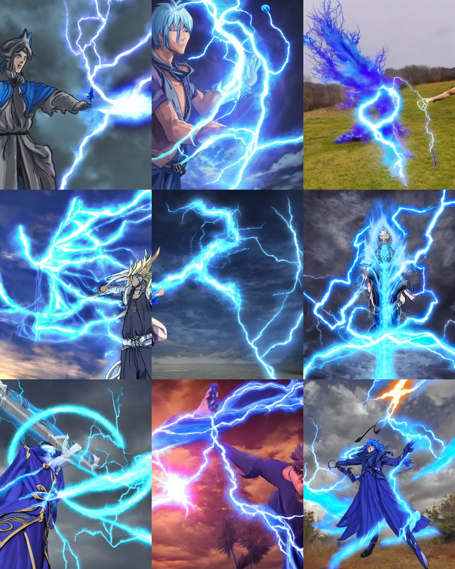 Prompt: male mage summons blue pillar of lightning from the sky