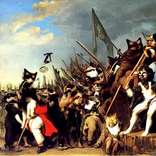 Image similar to Cat revolutionaries in various costumes on a barricade in Paris, 1848, oil on canvas, by Delacroix, 8k