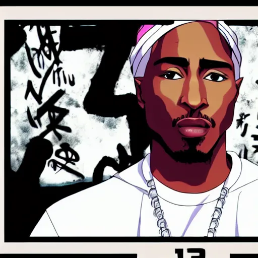 Image similar to Tupac Shakur, screenshot from a 2012s anime