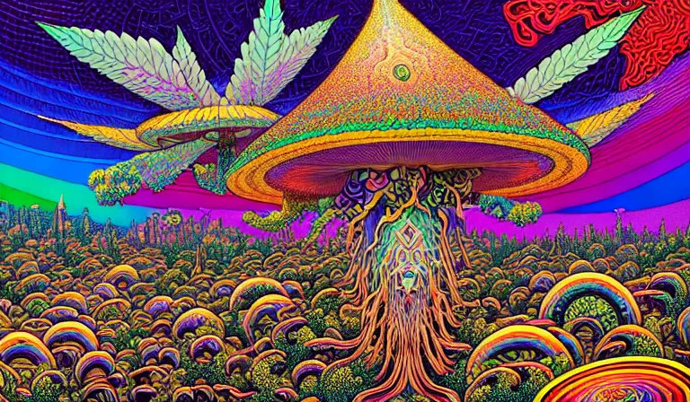 Image similar to an expansive rendering of beautiful and complex interwoven spiritual connection between all beings by dan mumford, by jim fitzpatrick, by joe wilson, by jim burns, by victo ngai, by jacek yerka, surrounded with colorful magic mushrooms and rainbowcolored marihuana leaves, insanely integrate, featured on deviant art, trending on artstation