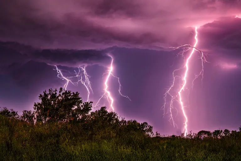 Prompt: a photograph of a f4 tornado, thunderstorm supercell, lightning bolts, illuminated from various angles by the setting sun, cinematic, dramatic lighting, clouds mystic hue