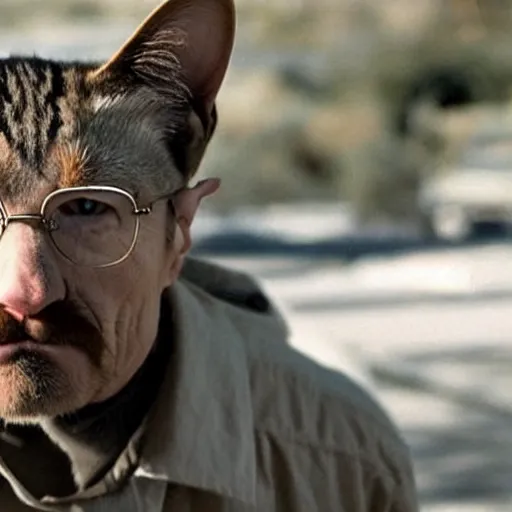 Prompt: still of a cat as walter white in breaking bad