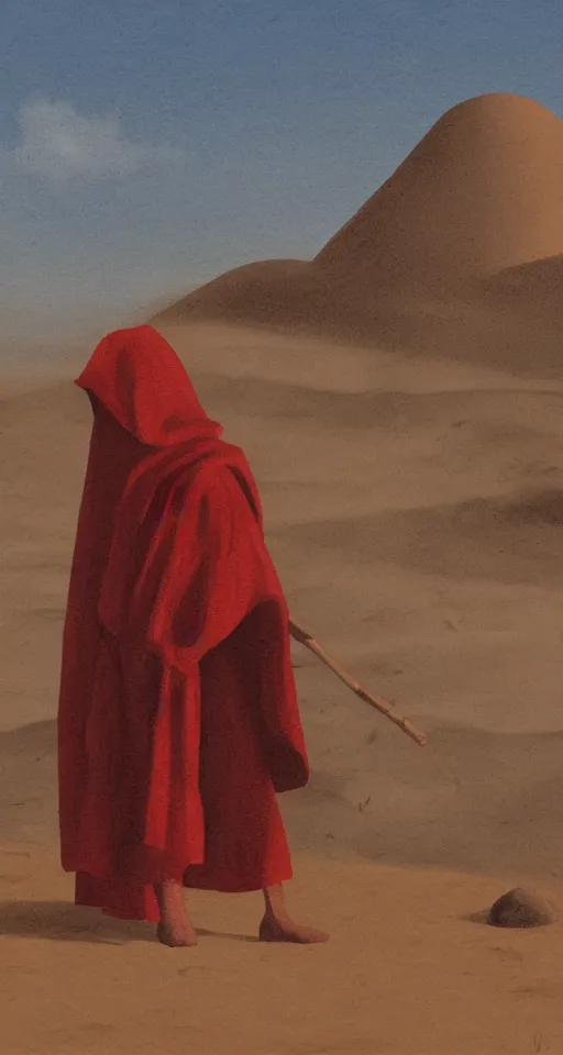 Image similar to big red moon in the desert. ruins of the ancient city. a man in a cloak with a hood and a staff looks into the distance from the dune, visual novel, oil painting