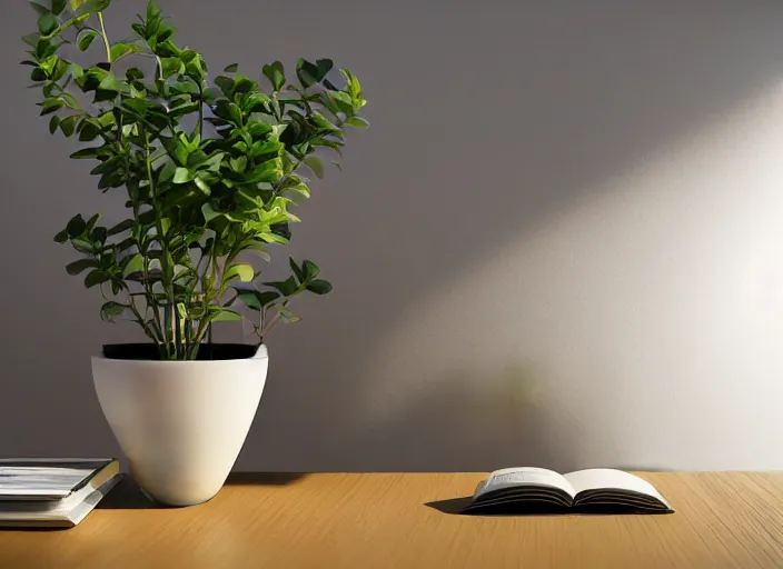 Image similar to a small miniature of a Honda Prelude 2.0 on a white table near a book and a vase with a plant, 3d render, octane render, unreal engine 5, path tracing, serene landscape, calm, relaxing, beautiful landscape, highly detailed, high quality, 4k, symmetrical, low contrast, centered