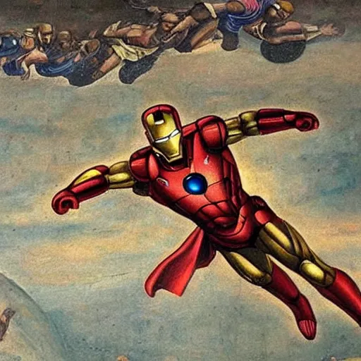 Image similar to hellenistic greece painting of ironman flying across the coliseum