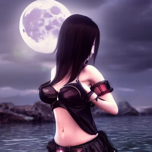 Prompt: tifa lockheart, sacred tattoos, playing in a lagoon, magical moon shines overhead, cinematic shot in the style of anime, cinematic lighting, hyperdetailed, 8 k realistic, symmetrical, global illumination, mysterious light, cryengine 5, dof, trending on artstation, trending on deviant art, digital art, chanel
