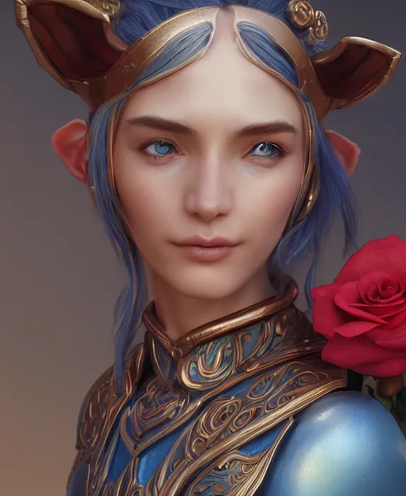 Image similar to a regal elf with long blue windswept hair in a rose gold breastplate, 3 d render by mandy jurgens, artgerm, and lu ji, centered, artsation contest winner, cgsociety, fantasy art, cryengine, concept art, photorealism, daz 3 d, sketchfab, zbrush, vray
