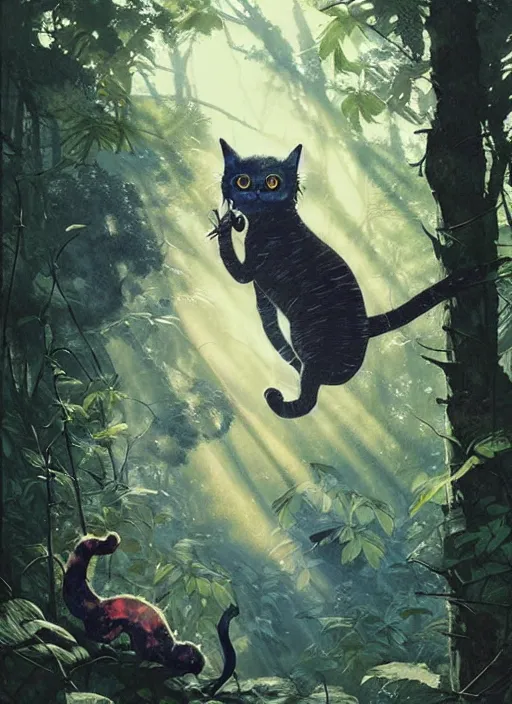 Image similar to a hyper realistic ink cat alien technology and sunbeams blue sky, lush forest foliage painting by chiara bautista and norman rockwell and greg rutkowski weta studio, and lucasfilm