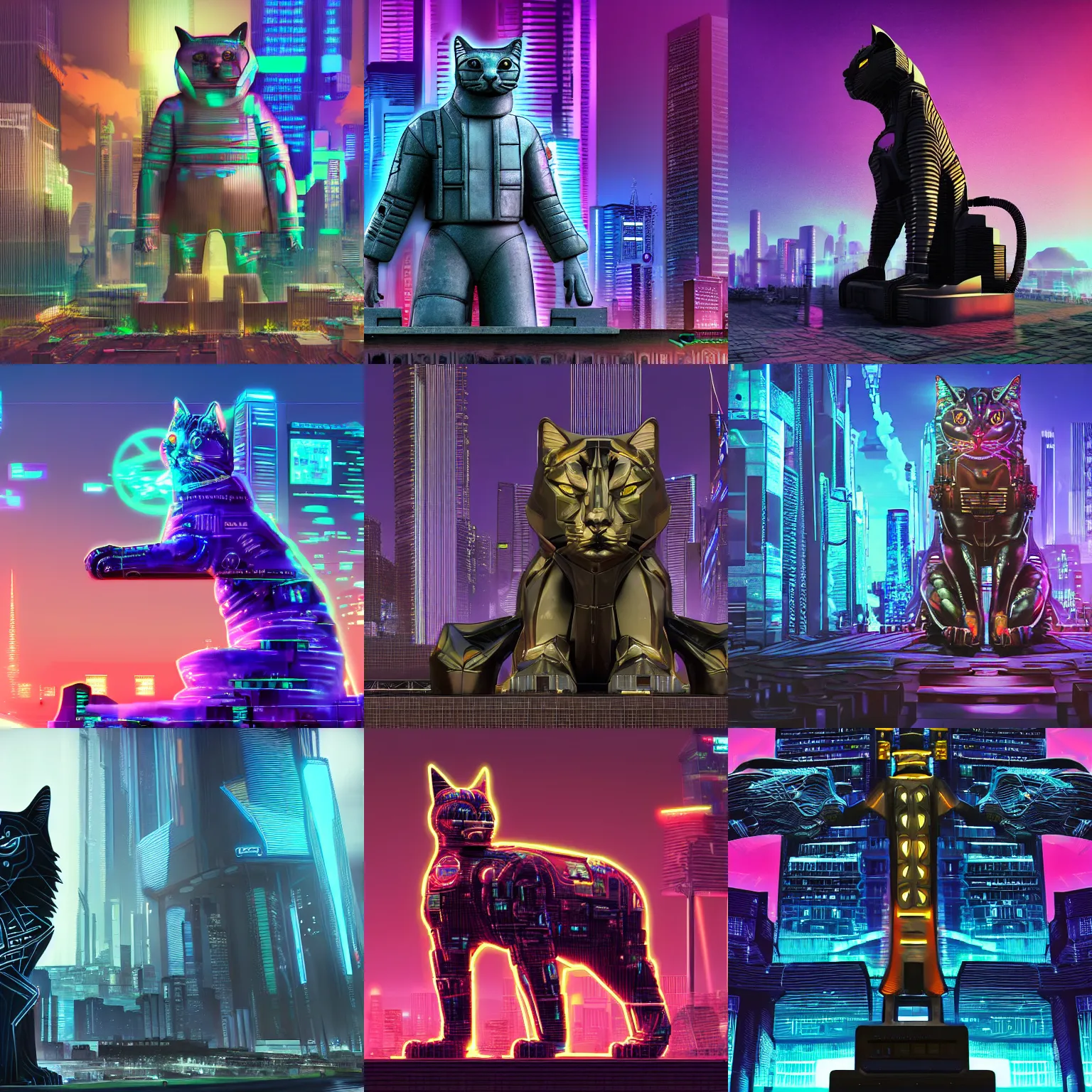 Prompt: giant cyberpunk cat statue. Cybernetics. Synthwave. temple. 8k resolution, extremely detailed, digital illustration.