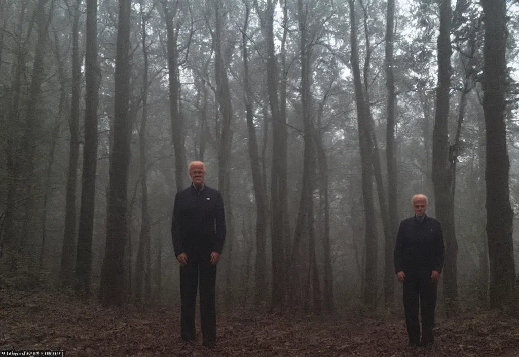 Prompt: low quality iphone photo of joe biden standing ominously deep in the foggy woods with a demonic smile in his face, low visibility creepy, grainy, trail cam footage