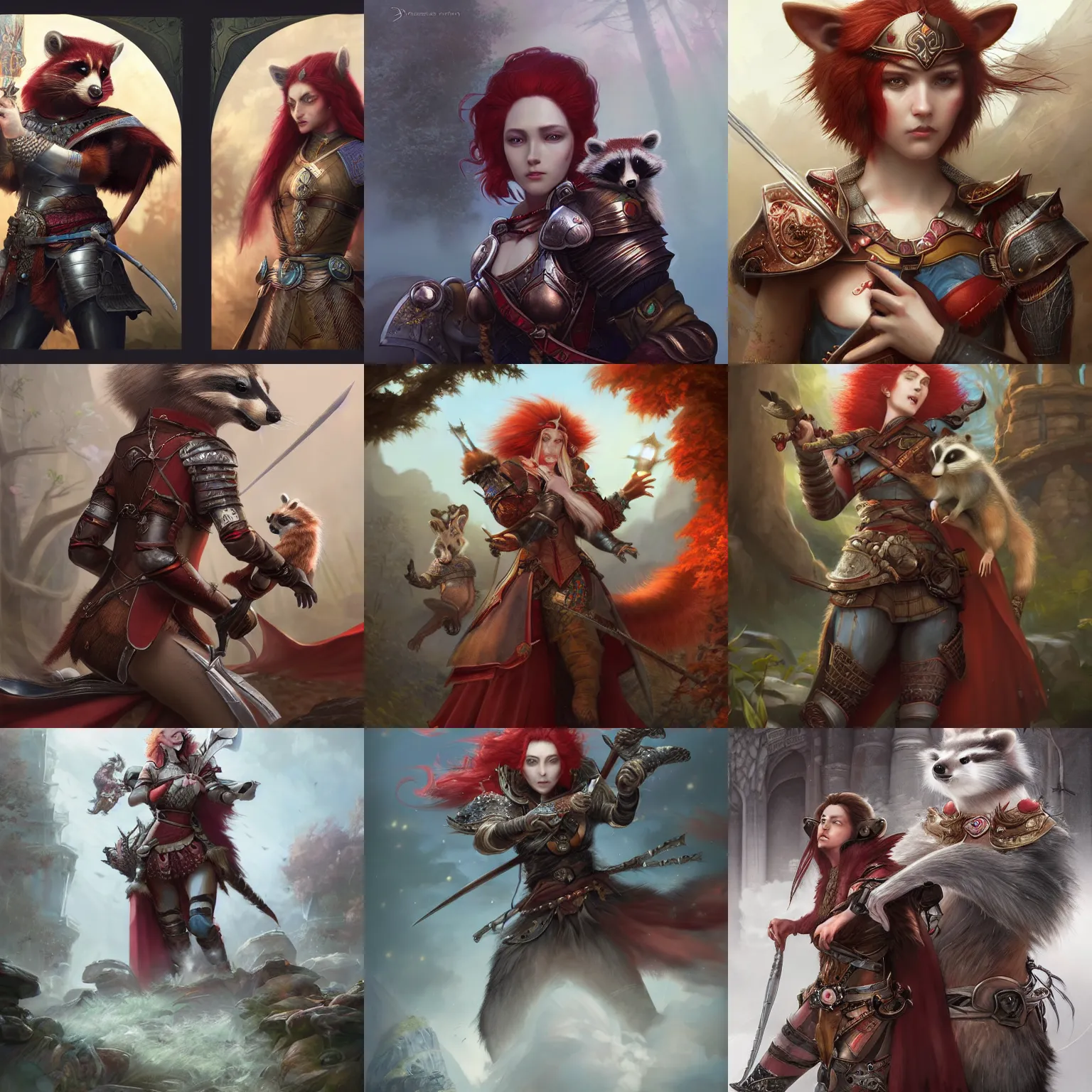 Prompt: a beautiful hyper realistic detailed epic concept art showing ( ( a noble knight women with red hair ) ) protected by the sacred raccoon, extremely detailed raccoon, by tom bagshaw, ross tran and bayard wu, in the style of dragon age, featured on artstation