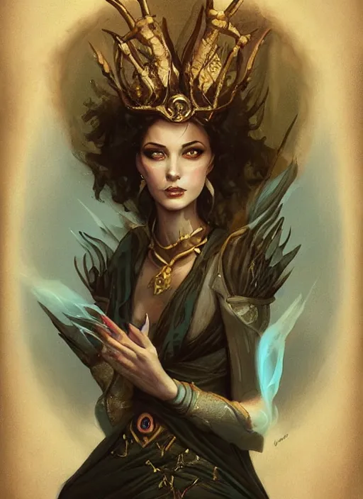 Image similar to tarot!!, fairy queen, fantasy medieval, no noise, elegant, concept art, sharp focus, beautiful face!!, digital art, smooth defined outlines!!, by Brom, trending on Artstation, Tom Bagshaw, Sargent