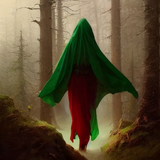 Prompt: epic portrait an beautiful woman wearing green cape with a hood on, armor, goddess, wet flowing red hair, forest blurry backround, broad light, ambient occlusion, volumetric light effect, made by ivan aivazovsky, peter mohrbacher, greg rutkowski, matte painting, trending on artstation, 4 k, perfectly defined features, digital painting,