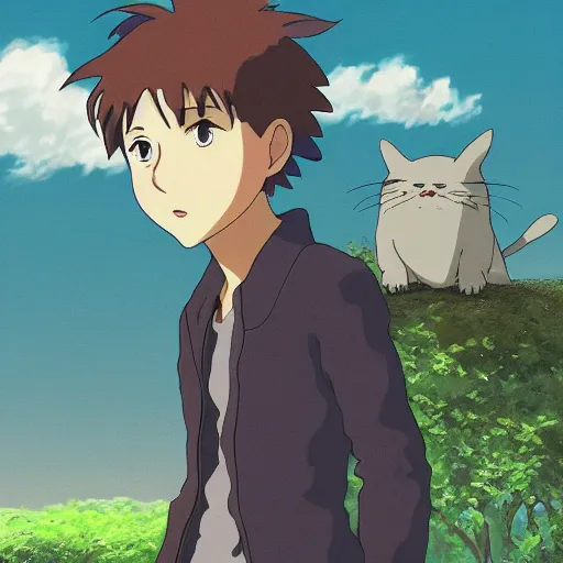 Prompt: friendly guy and small animal , with Fragile looking character portrait face made in Studio Ghibli artstyle ,highly detailed art, beautiful scene, sharp focus, smooth, 8k, anime art, fantasy, style in ghibli anime style, fantasy, island,8k