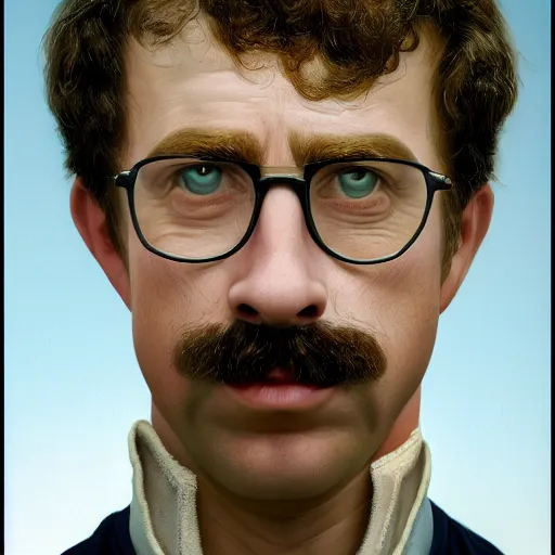 Image similar to film still photo portrait of the lovechild of napoleon dynamite and tom selleck, realistic, hyperrealistic, 8 k resolution, hd quality, very detailed, highly detailed, intricate details, real life, real world, trending on artstation, digital art, really realistic, very realistic, headshot, head in frame, photograph, portrait