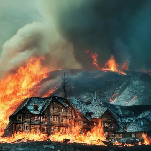 Image similar to detailed medium format photo, polaroid still from a scandinavian movie, picture of a norse village burning down, haze, high production value, intricate details, 8 k resolution, hyperrealistic, hdr, photorealistic, high definition, tehnicolor, award - winning photography, masterpiece, amazing colors