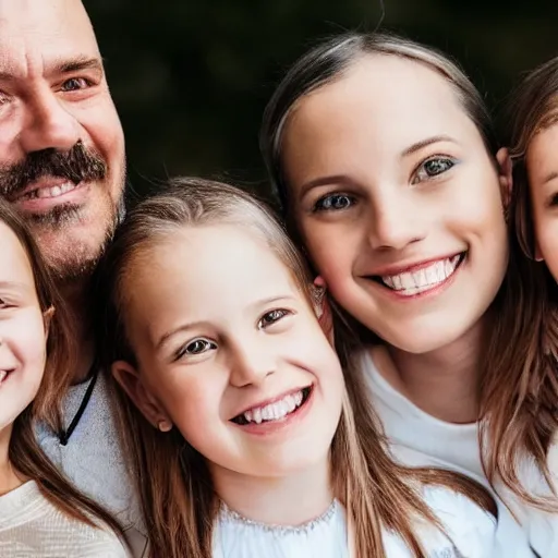 Prompt: photo of a father and his five daughters, very detailed faces, beautiful faces, high quality photograph, instagram