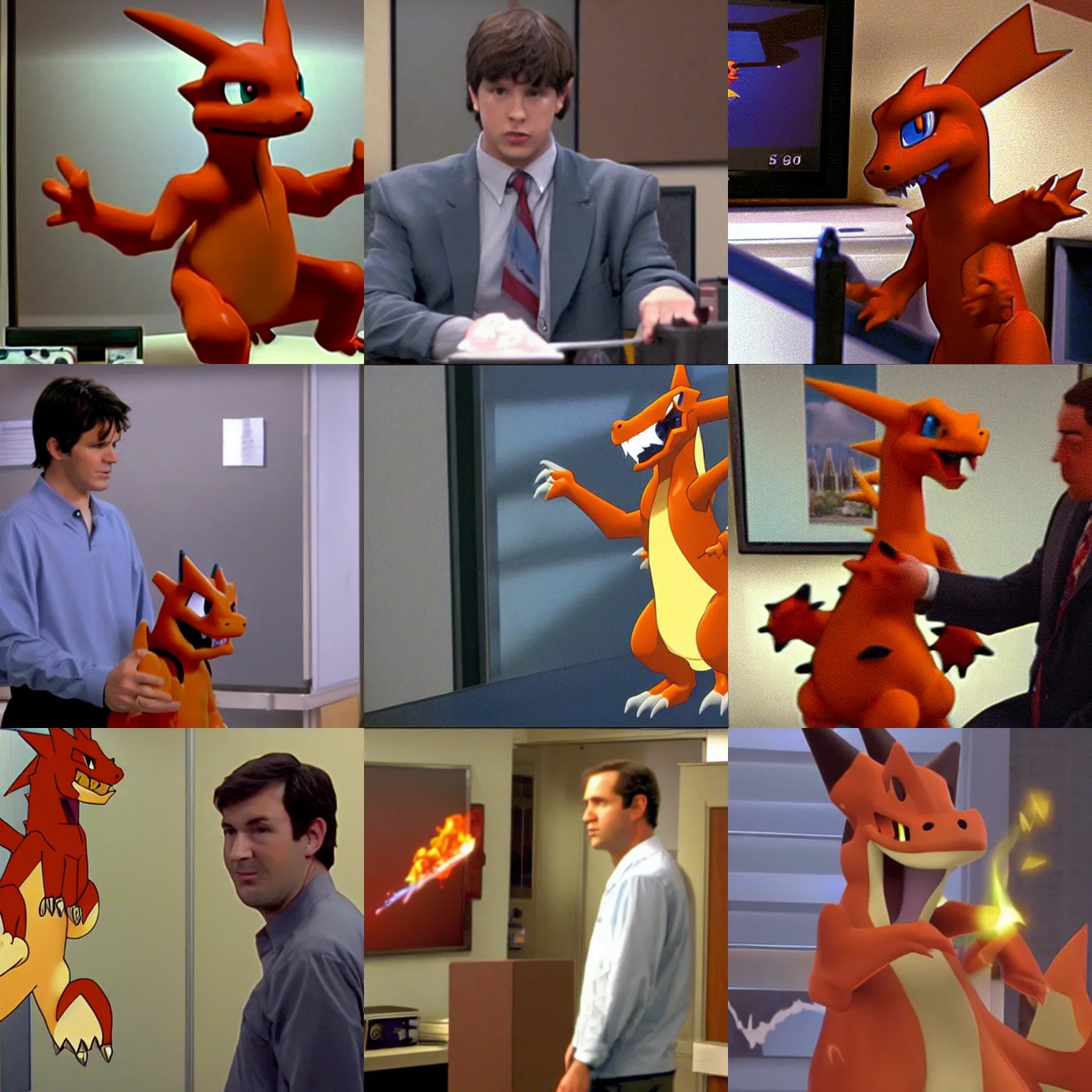 Prompt: still of Charizard (Pokémon) in the tv show The Office (2005)