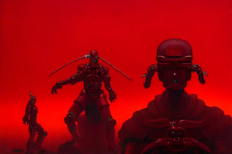 Image similar to only with red, a red cyborg samurai, tokio futuristic in background, some evil yokai fight, in the style of beksinski, parts by edward hopper, parts by rodcenko, parts by yue minjun, intricate and epic composition, red by caravaggio, insanely quality, highly detailed, masterpiece, red light, artstation, 4 k