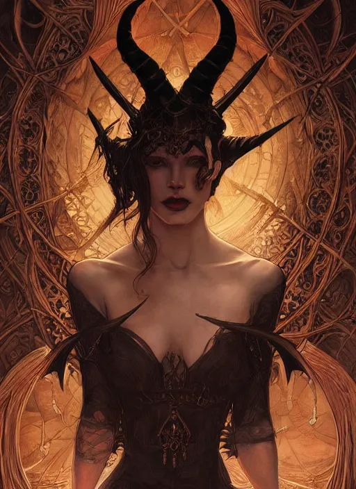 Image similar to a beautiful illustration of a satanic witch with horns in head, intricate, sharp focus, illustration, highly detailed, digital painting, concept art, matte, art by wlop and artgerm and greg rutkowski and alphonse mucha, masterpiece