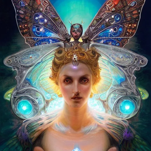 Prompt: beautiful closeup portrait of an art moderne android fairy queen, glowing eyes. reflective detailed textures, moth wings, highly detailed dark fantasy science fiction painting by donato giancola and peter mohrbacher and nicholas roerich, elaborate geometric ornament, ancient runes, silver and cool colors. artstation