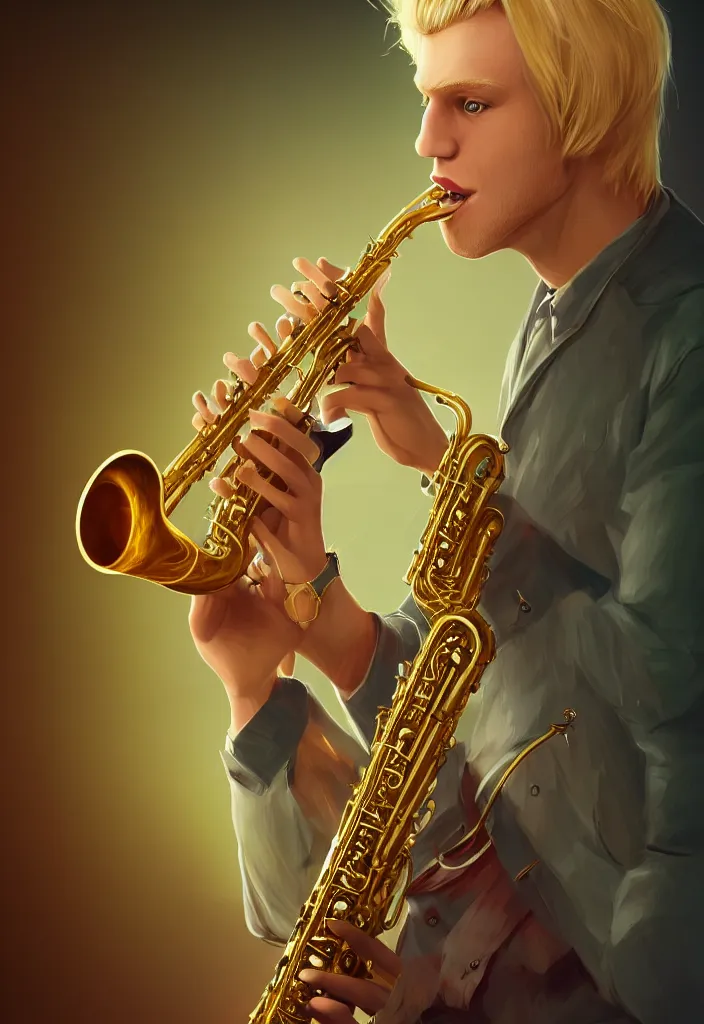 Image similar to a highly detailed illustration of a blond man with nice cloths playing the sax, on a nice calm serene environment, nature fractal on the background artstation, DeviantArt, professional, octane render, vector art