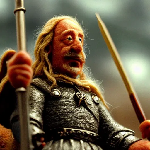 Image similar to needle felted king theoden from the return of the king (2003) giving a speech to the riders of rohan, highly detailed, dslr, tilt shift, eerie, hyperrealism, highly textured, god rays