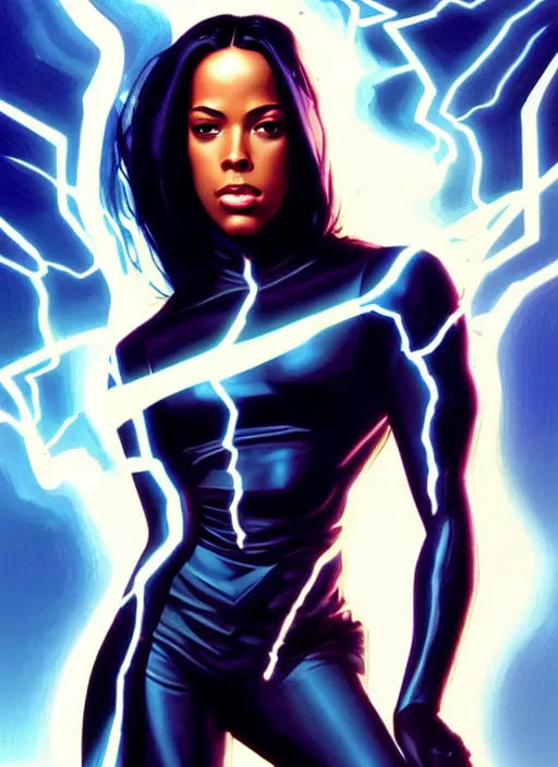 Image similar to full body portrait of marvel cinematic universe aaliyah haughton, x - men, storm, elegant, electricity archs, lightning strikes, rippling electromagnetic, highly detailed!! digital painting, artstation, glamor pose, concept art, sharp focus, illustration, art by artgerm and greg rutkowski, artey freytag