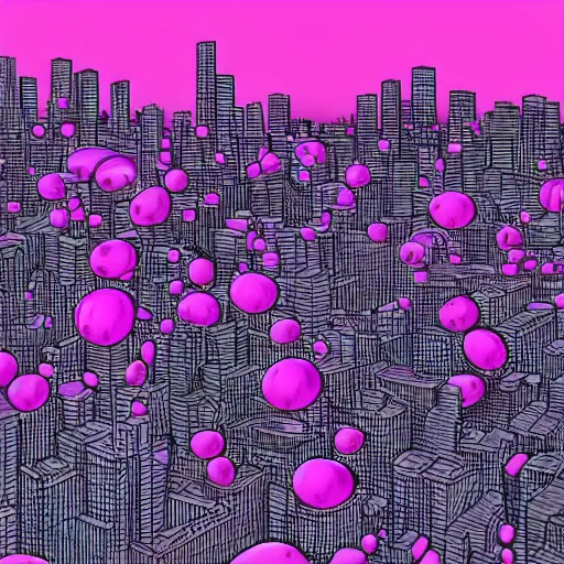 Image similar to giant pink purple bubbles with cities inside them, extremely detailed