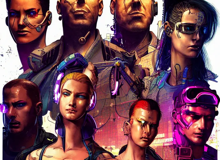 Image similar to cyberpunk kill team. portrait by stonehouse and mœbius and will eisner and gil elvgren and pixar. character design. realistic proportions. cyberpunk 2 0 7 7 character art, blade runner 2 0 4 9 concept art. cel shading. attractive face. thick lines. the team. diverse characters. shadowrun. artstationhq.