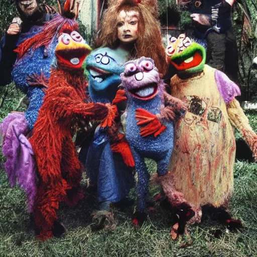 Image similar to zombie fraggle rock muppets, family photo of zombie muppets, dawn of the dead ( 1 9 7 8 ), photo from the 7 0 s