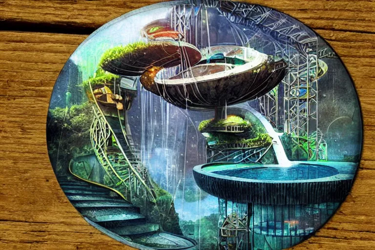 Prompt: favela bunker spaceship coaster hive, art nouveau waterfall environment, industrial factory, whimsical, award winning art, epic dreamlike fantasy landscape, ultra realistic,