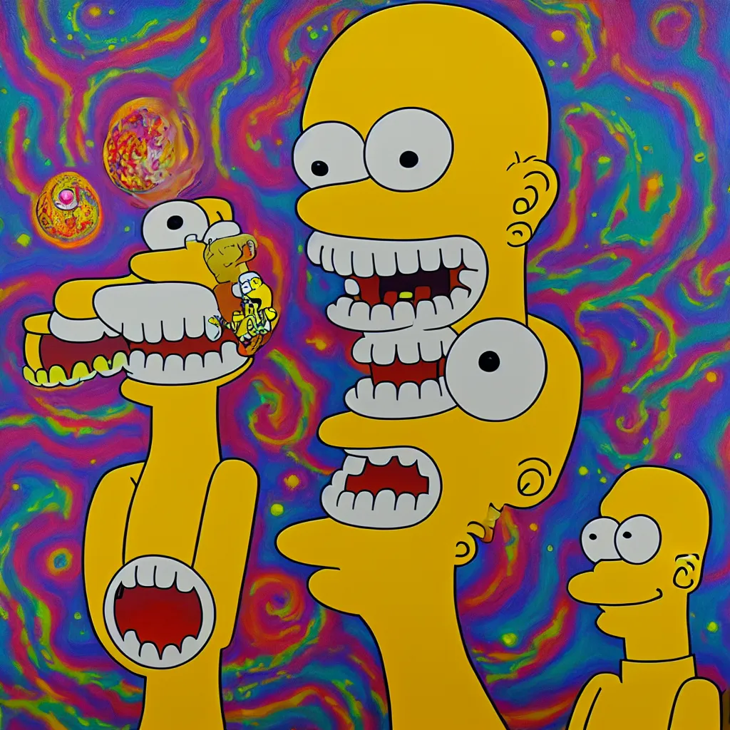 Image similar to an oil on canvas portrait painting of a homer simpson acid trip, polycount, surrealism, surrealist, lovecraftian, cosmic horror, high detail