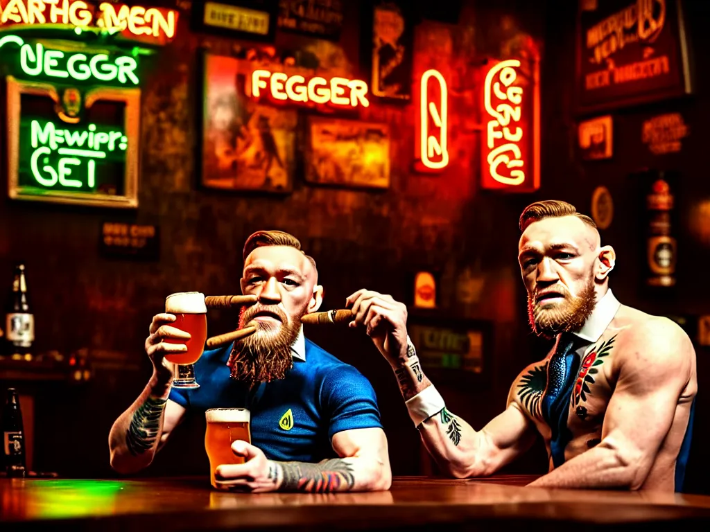 Image similar to a well framed portrait of conor mcgregor drinking a beer and smoking a cigar in an irish pub with a neon bar, laser lighting, trending on art station, in the style of the movie heat with al pacino, volumetric lighting & shadows, hyper detailed, digital art, unreal engine, 4 0 0 mm f 1. 8,