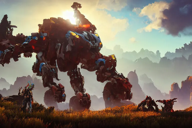 Image similar to behemoth machine mecha animal beast robot of horizon forbidden west horizon zero dawn bioluminiscence global illumination ray tracing hdr fanart arstation by sung choi and eric pfeiffer and gabriel garza and casper konefal