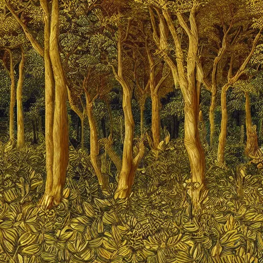 Image similar to a beautiful forest made of ivory and gold, highly intricate, digital art, very detailed, in the style of a flemish painting