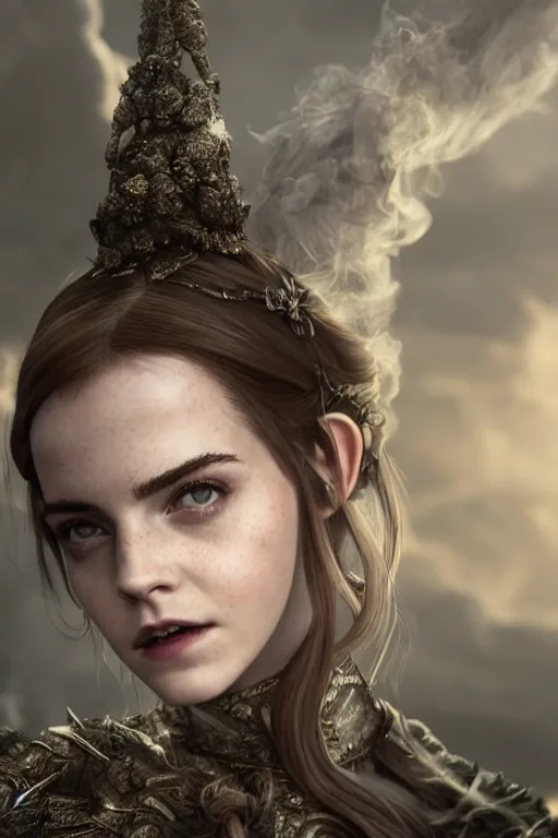 Image similar to a mix of of emma watson, anya taylor - joy and emma stone, evil sorceress elf, game of thrones scenes, hyperrealism, octane render, extremely detailed, intricate smoke magic, lace, style of mark ryden, earl nore, hyung tae, frank frazetta