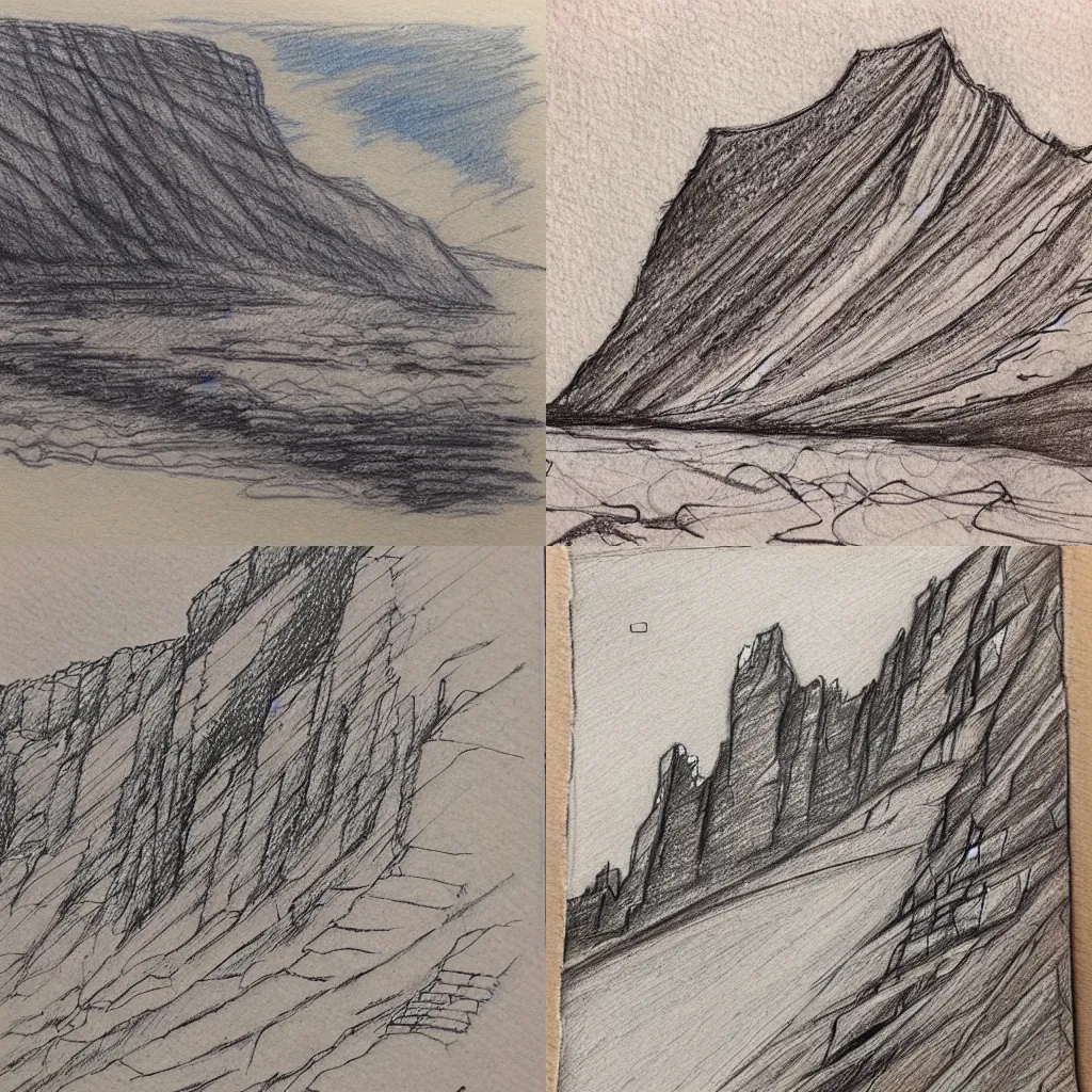 Prompt: a beautiful sketch of a cliff, pen and ink with gel highlights, toned paper