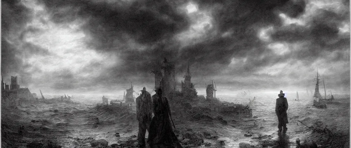 Image similar to an engraving of innsmouth dweller, lovecraftian atmosphere, mutant, fishman, caspar david friedrich, foggy, depth, strong shadows, stormclouds, illuminated focal point, highly detailed