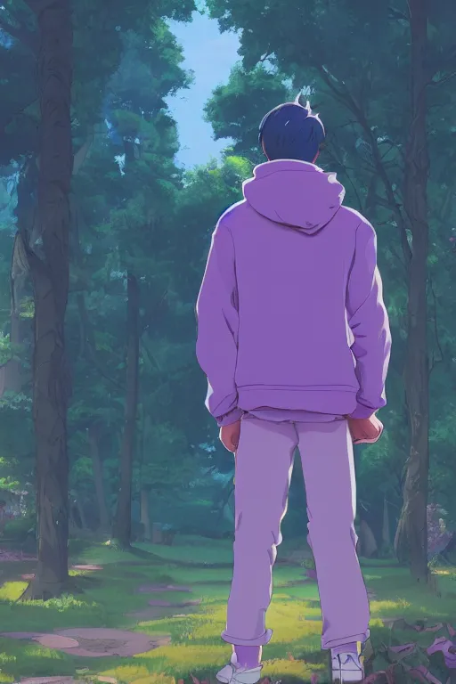 Image similar to young man in a purple hoodie, back view, messy short brown hair, detailed neighbourhood background, trees, colourful, 8 k, anime, ghibli style, graphic novel, digital art trending on artstation, volumetric lighting, octane render, cinematic, hyper detailed