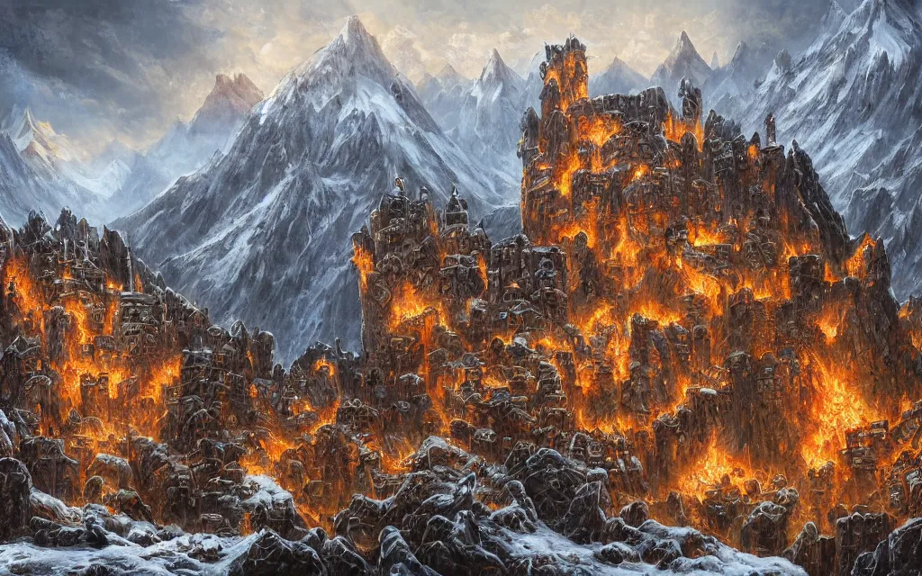 Prompt: an epic fantasy matte oil landscape painting of a dwarven fortress at the edge of a snowy mountain, covered in runes, with lava rivers, steel infrastructure, deep halls, torches, waterwheels, ornate vibrant jewels, trading depots, extremely detailed, sharp focus