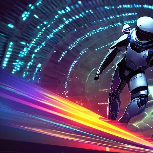 Image similar to speed, diverse interstellar cybersuits, from behind, motion blur, bokeh, wide wide angle, vivid, elaborate, highly detailed, beautiful lighting