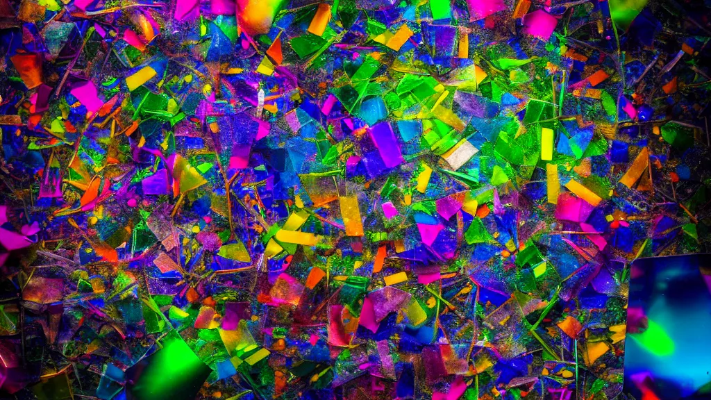 Image similar to A still shot of rainbow light, scattered amongst the prismatic shards of a broken mirror, studio lighting, 4k photo