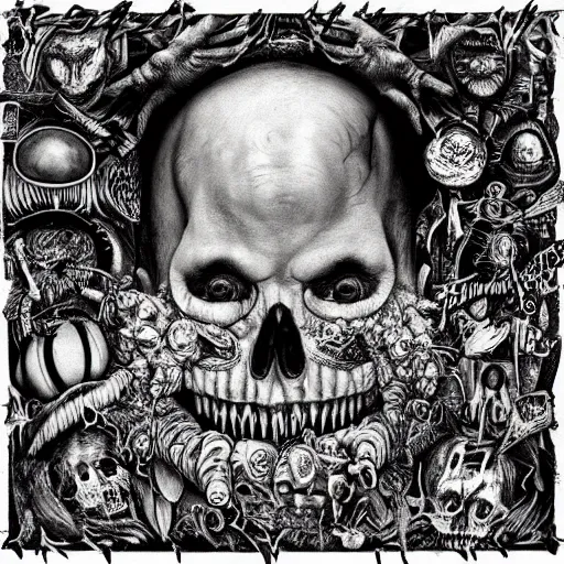 Image similar to punk metal album cover, black and white, psychedelic, giuseppe arcimboldo