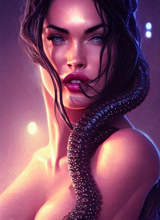 Prompt: megan fox captured by lovecraftian tentacles, intricate, elegant, glowing lights, highly detailed, digital painting, artstation, glamor pose, concept art, smooth, sharp focus, illustration, art by artgerm and greg rutkowski, artey freytag