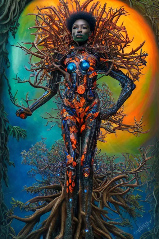 Image similar to hyperrealistic post-maximalist super expressive! black woman with exoskeleton armor, merging with tree in a forest, highly detailed digital art masterpiece smooth cam de leon hannah yata dramatic pearlescent blue orange light ground angle hd 8k sharp focus