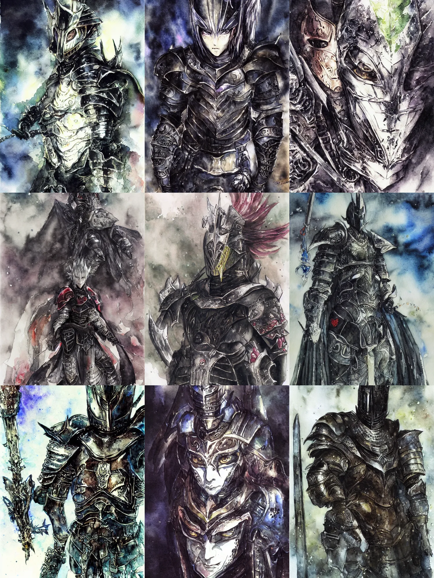 Prompt: portrait of a black knight in the outdoors, dark fantasy, watercolor, by yoshitaka amano