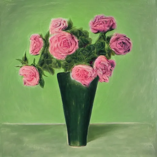 Image similar to abstract yet impressionistic painting of a green marble vase with dying pink roses inside against a green background